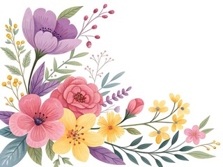 Watercolor floral arrangement with pink, purple, and yellow flowers on white
