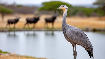 Naklejka premium Elegant Grey Heron Standing Near Tranquil Water with African Buffaloes in the Background