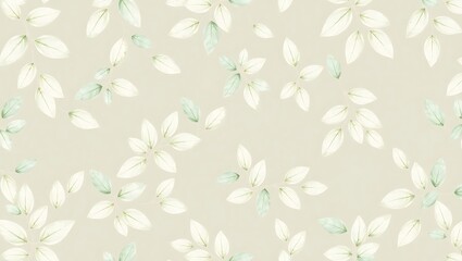 A seamless pattern of scattered stylized leaves and branches in soft green and white tones on a light beige or cream background, creating a delicate, naturalistic, and artistic visual.