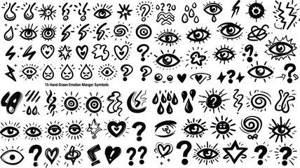 Hand-drawn emotion manga symbols pictogram icon set in clean black linear silhouette style