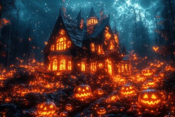Hauntingly beautiful Halloween night with illuminated pumpkins surrounding an enchanted mansion