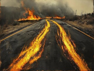 Road ablaze with fire and smoke, apocalyptic landscape, dramatic perspective, rural route, wildfire disaster