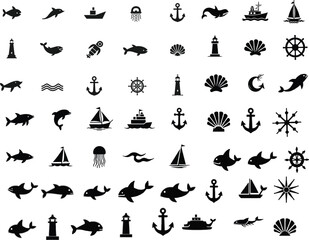 Naklejka premium Collection of solid black silhouette vector icons featuring marine life and nautical elements.