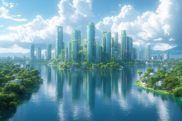 Fototapeta premium Modern city skyline surrounded by lush greenery and serene waters on a bright sunny day