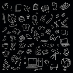 Back to school and education doodle elements. Vector illustration in line with black background