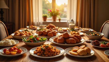 Delicious spread of food on wooden table