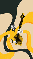 Smiling man in yellow shirt playing upright bass with black and yellow abstract swirls. Concept of...