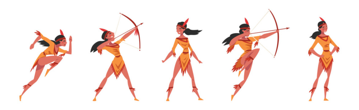 Native American Woman Indian In Traditional Clothing with Feather Vector Set