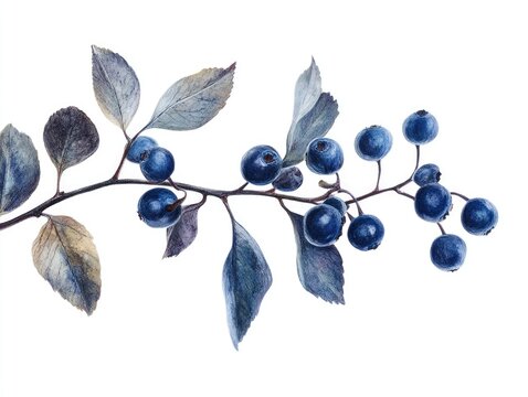Watercolor illustration of a branch with blue berries and leaves.  A detailed and delicate depiction of a branch with clusters of dark-blue berries and greyish-toned leaves. 
