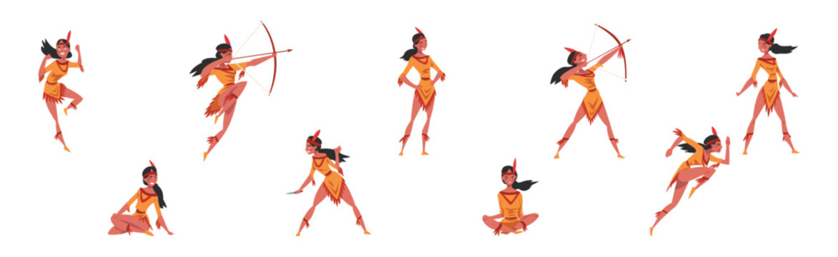 Native American Woman Indian In Traditional Clothing with Feather Vector Set