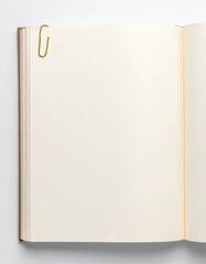 A minimalist open book with one gold paperclip placed diagonally atop its blank pages.