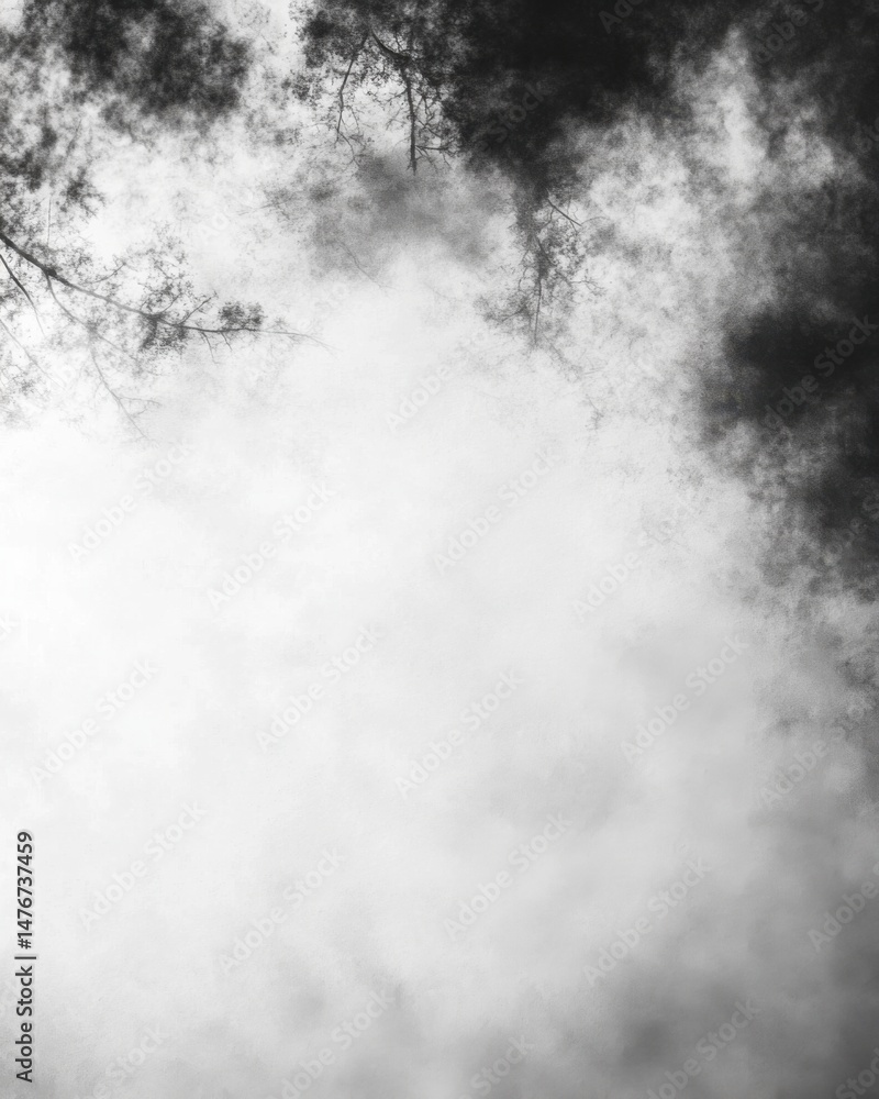 Poster ethereal tree canopy view looking upward in black and white atmospheric perspective with soft light 