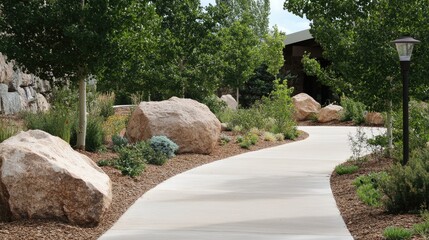 Fototapeta premium Imported boulders set along site border for landscaping