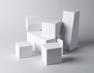 Clean white geometric shapes arranged playfully on a light grey surface create a modern and subtly dynamic minimalist composition.