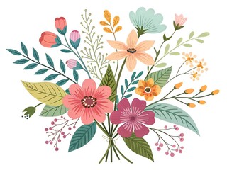 Colorful Illustrated Floral Bouquet Arrangement on White Background with Artistic Style