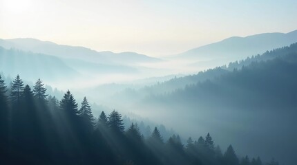 Obraz premium Misty Morning Mountain Landscape with Fog and Pine Trees