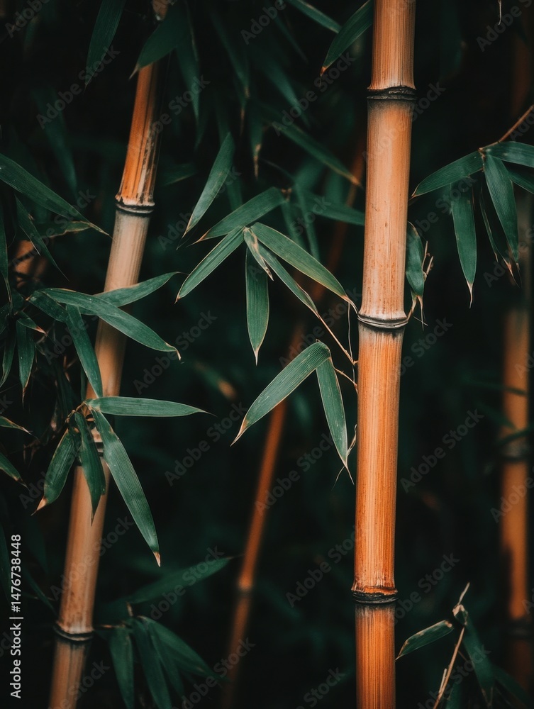 Poster close up of bamboo stalks in a forest setting with green leaves and natural light creating a serene 
