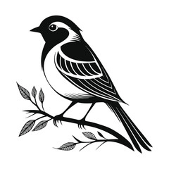 Stylized Bird Silhouette on Leafy Branch – Black & White Art
