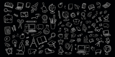 Back to school and education doodle elements. Vector illustration in line with black background
