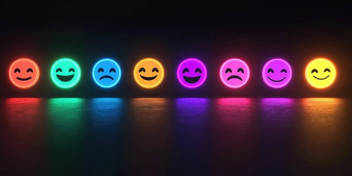Gradient neon emoji scale from happy to sad on black background - Powered by Adobe