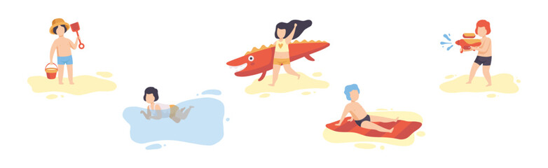 Obraz premium Children at Sea Sunbathing on Beach and Seashore Vector Set