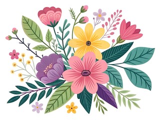 Elegant Floral Illustration with Variety of Colorful Flowers and Leaves on White