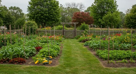 Obraz premium A vibrant garden with rows of vegetables and flowers