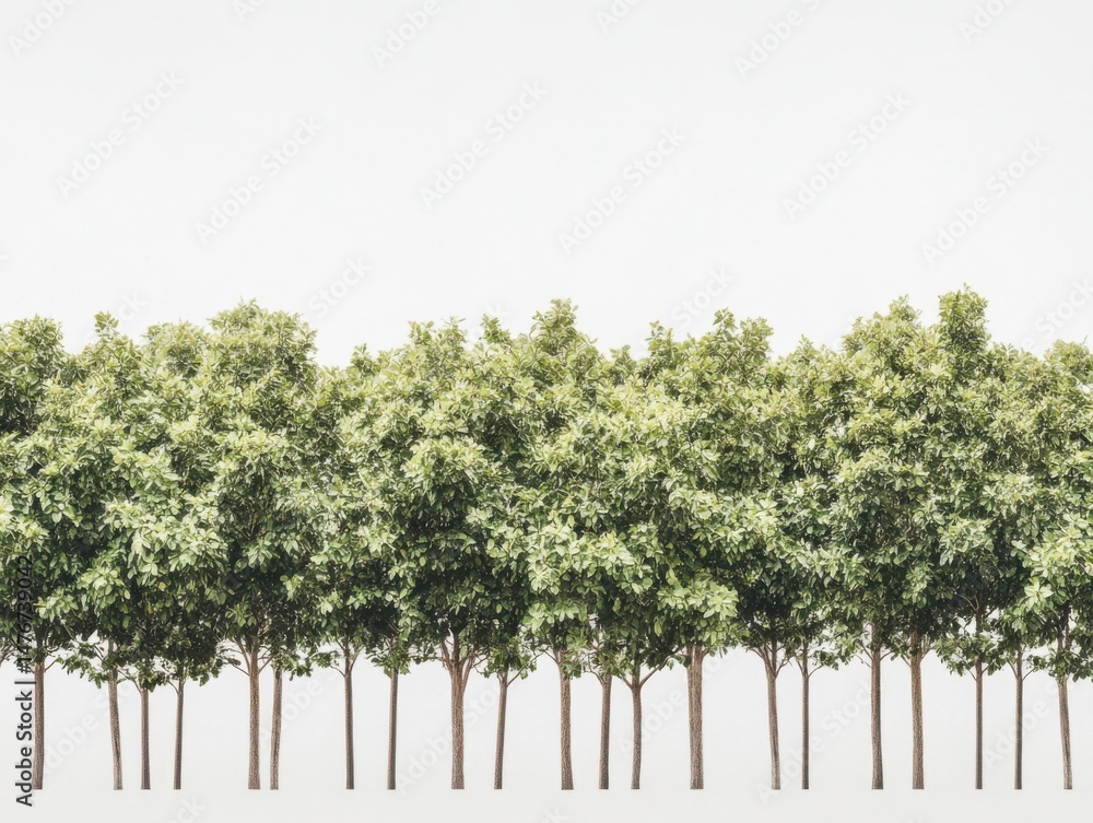 Poster row of trees against a white background in a studio shot with bright lighting and a minimalist aesth
