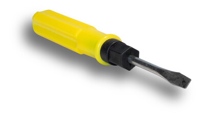 Shadow beneath a screwdriver with a flat head and bright yellow handle