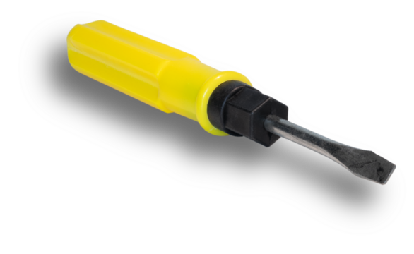 Shadow beneath a screwdriver with a flat head and bright yellow handle