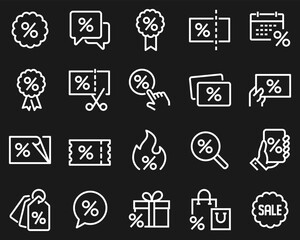 A simple set of vector line icons related to discount. Contains icons such as coupon, ribbon with percent sign, discount code and more white