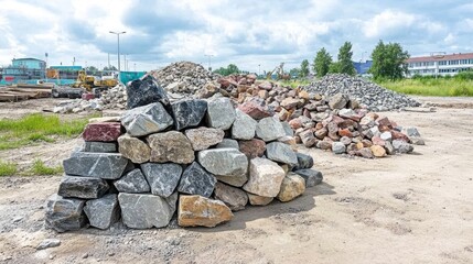 Pile of imported construction stones stacked neatly at a building site