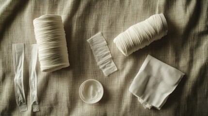 Post-surgical bandage and ointment kit placed on calming fabric background
