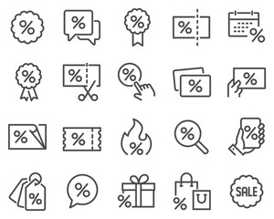 A simple set of vector line icons related to discount. Contains icons such as coupon, ribbon with percent sign, discount code and more