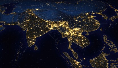 Night-time view of Asia's illuminated cities, connected by networks.  Dense urban areas highlighted with golden light, against a dark backdrop of space