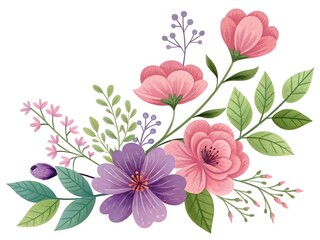 Elegant Watercolor Floral Arrangement with Pink and Purple Flowers on White Background