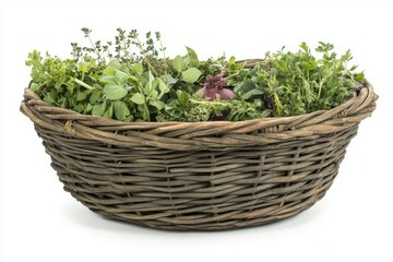Naklejka premium Rustic Wicker Basket Overflowing with Fresh Herbs and Red Onion on White Background Studio Shot