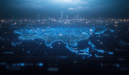 Futuristic map of Asia at night, overlaid with digital grid and city lights.  Detailed geographical lines, glowing points of light representing urban areas.  A technologically advanced