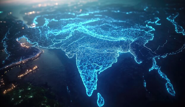 India's interconnected digital network, a high-tech map. Cities and pathways light up the landmass, highlighting its global connections