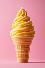 Yellow vanilla soft serve ice cream cone on pink background