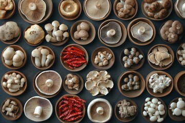 Obraz premium Varied Mushrooms and Red Chili Peppers Arranged in Small Bowls on Dark Gray Table Top in Overhead Flat Lay with Natural Light Highlighting Textures and Organic Patterns