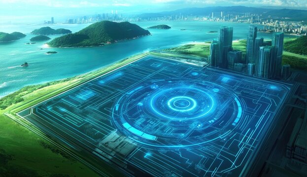 Futuristic city island complex with advanced technology overlay.  Large, paved area with glowing blue circuits and circular displays.  Surrounded by lush green landscape, ocean, and cityscape