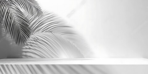 3d render mockup podium stand table shelf. Black white abstract background. Palm tree leaf shadow. Nature. Light gray. Design beauty product cosmetics. Wall stage room studio.

