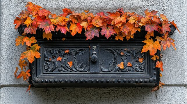 Autumn mailbox Fall leaves on a vintage black metal box
