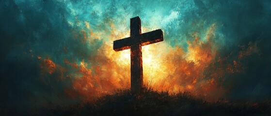 Fototapeta premium A sunset scene with a glowing cross on a hill, surrounded by warm colors. Christian symbolism and serenity are highlighted.