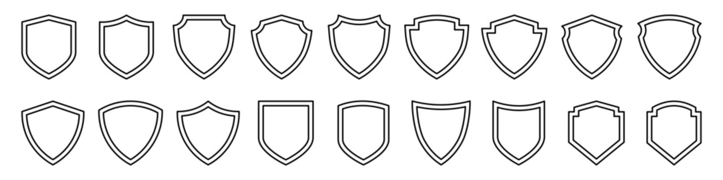 Set of blank shield outline icons. Collection of simple heraldic badge shapes, black linear emblems, frames or coat of arms templates for logo, label, or security symbol design. Editable Stroke