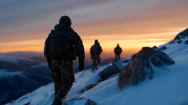 Soldiers on a snowy mountain trail at sunset, experiencing camaraderie and determination in the wilderness - Powered by Adobe