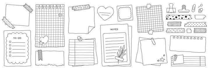 Hand drawn paper notes for daily planner, memo sheet stickers. Pins and paper clips, blank paper note with washi tape, notebook sheets doodles, diary page with cute stickers, to do list vector set