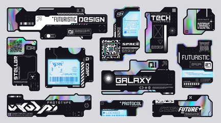 Retro futuristic frames with holographic elements, cyberpunk aesthetic decals. Sci-fi style badges with transparent display, techwear labels, minimalist high tech graphic design assets vector set