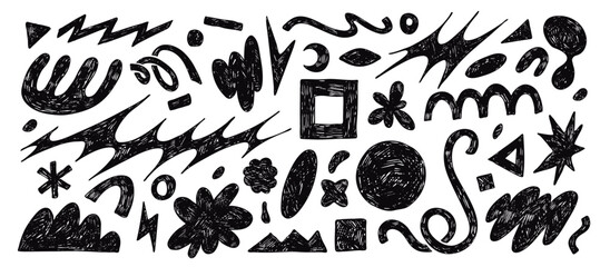Black textured funky geometric shapes, hand drawn abstract organic forms. Retro groovy flower and cloud doodles with pencil stroke texture, playful contemporary figure silhouette elements vector set